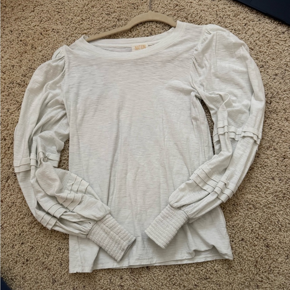 Nation LTD Cream Long Sleeve Blouse with Ruched Sleeves